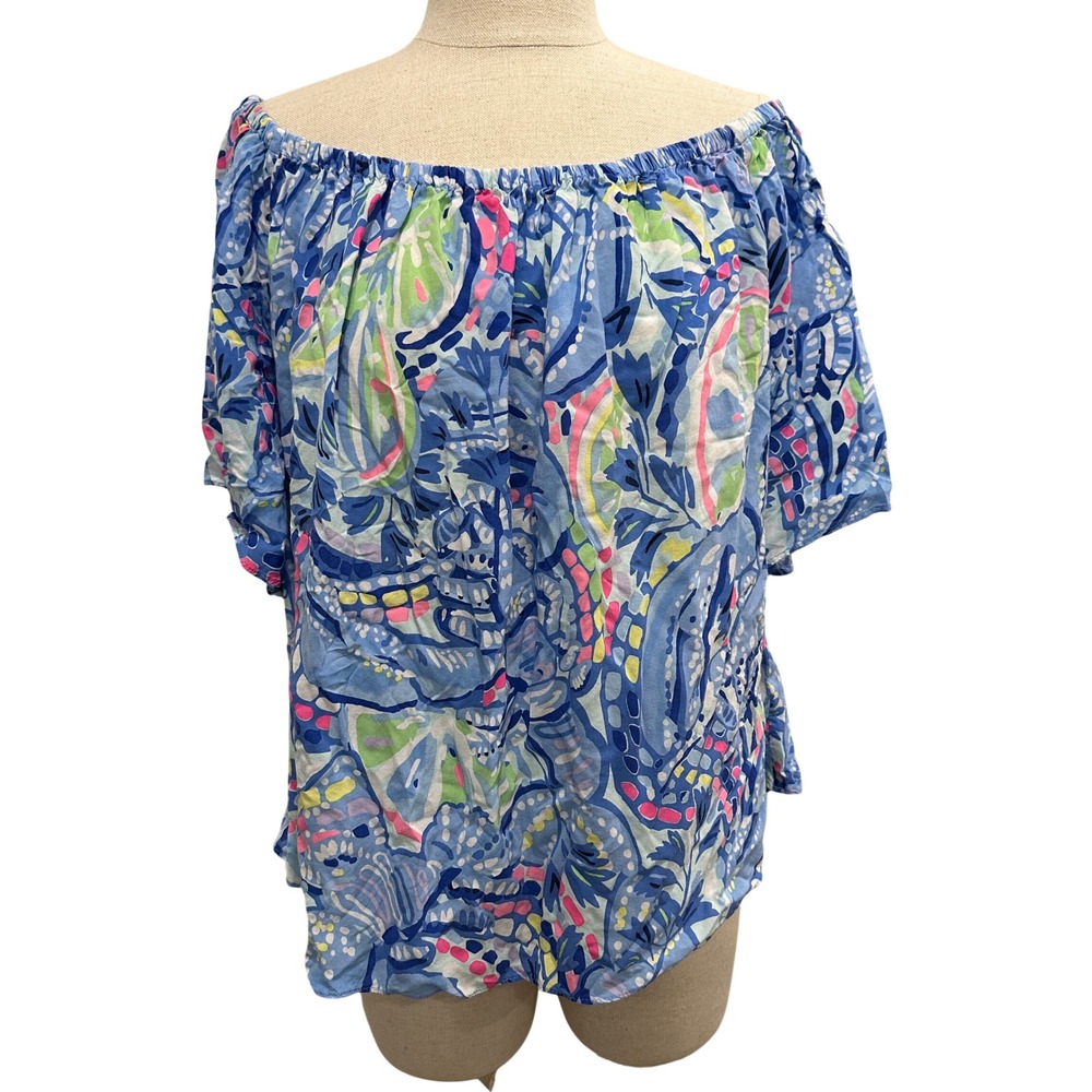 Lilly Pulitzer Women XL Blue Tropical Fruit Print Off The Shoulder Blouse Top